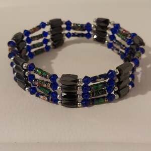 Blue Glass Enamel Art and Lodestone Magnetite Beads Adjustable Bracelet